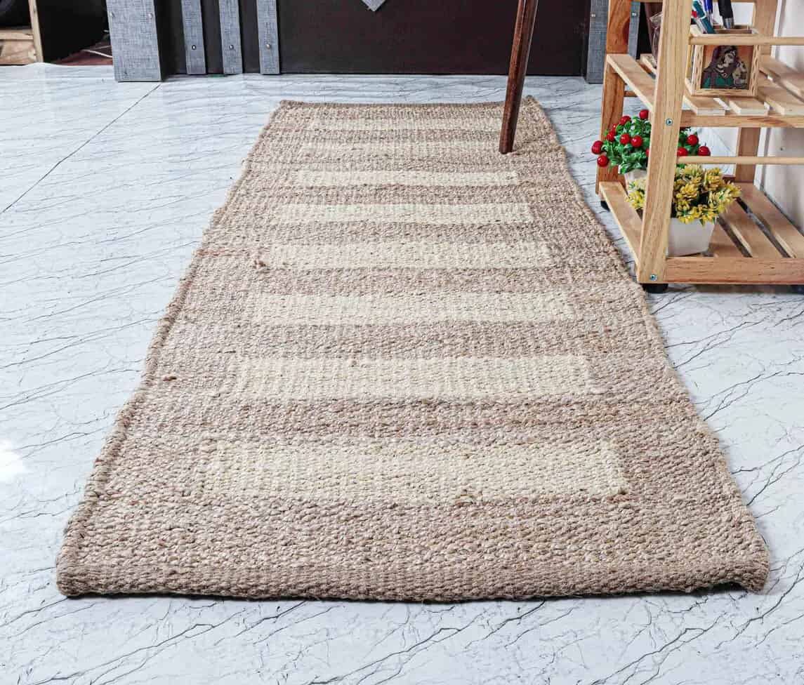 Home Decorative Hand Crafted Hemp Jute Runner Rug Beige With off White Stripes Rug Large Area Home Decor Rug Vintage Living Room and Kitchen Decor Rug  - Image 1