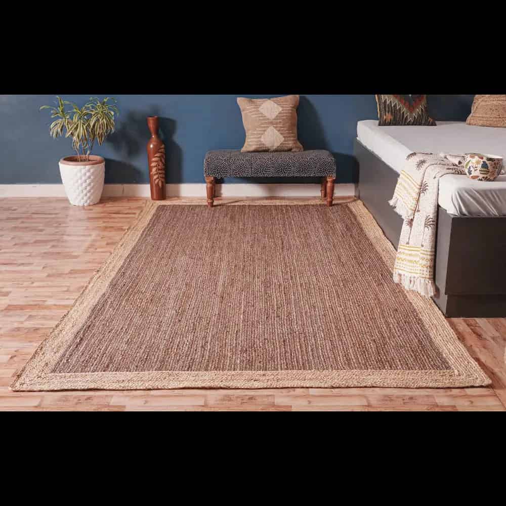 Indian Hand Braided Rectangle Jute Rug Brown Color With Beige Border  - Image 3