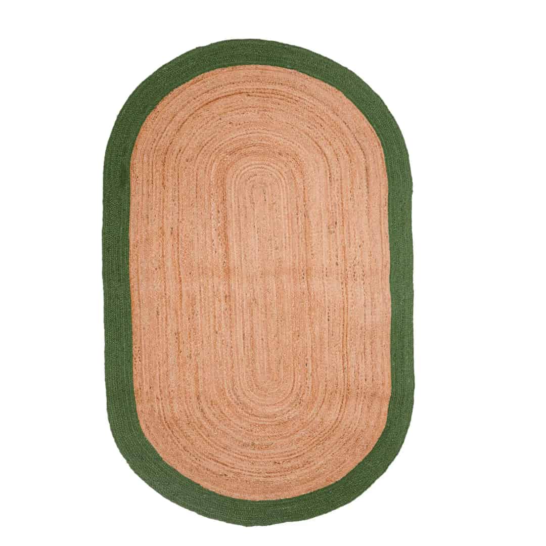 Indian Hand Braided Natural Oval Jute Rug with Dark Green Border  - Image 1