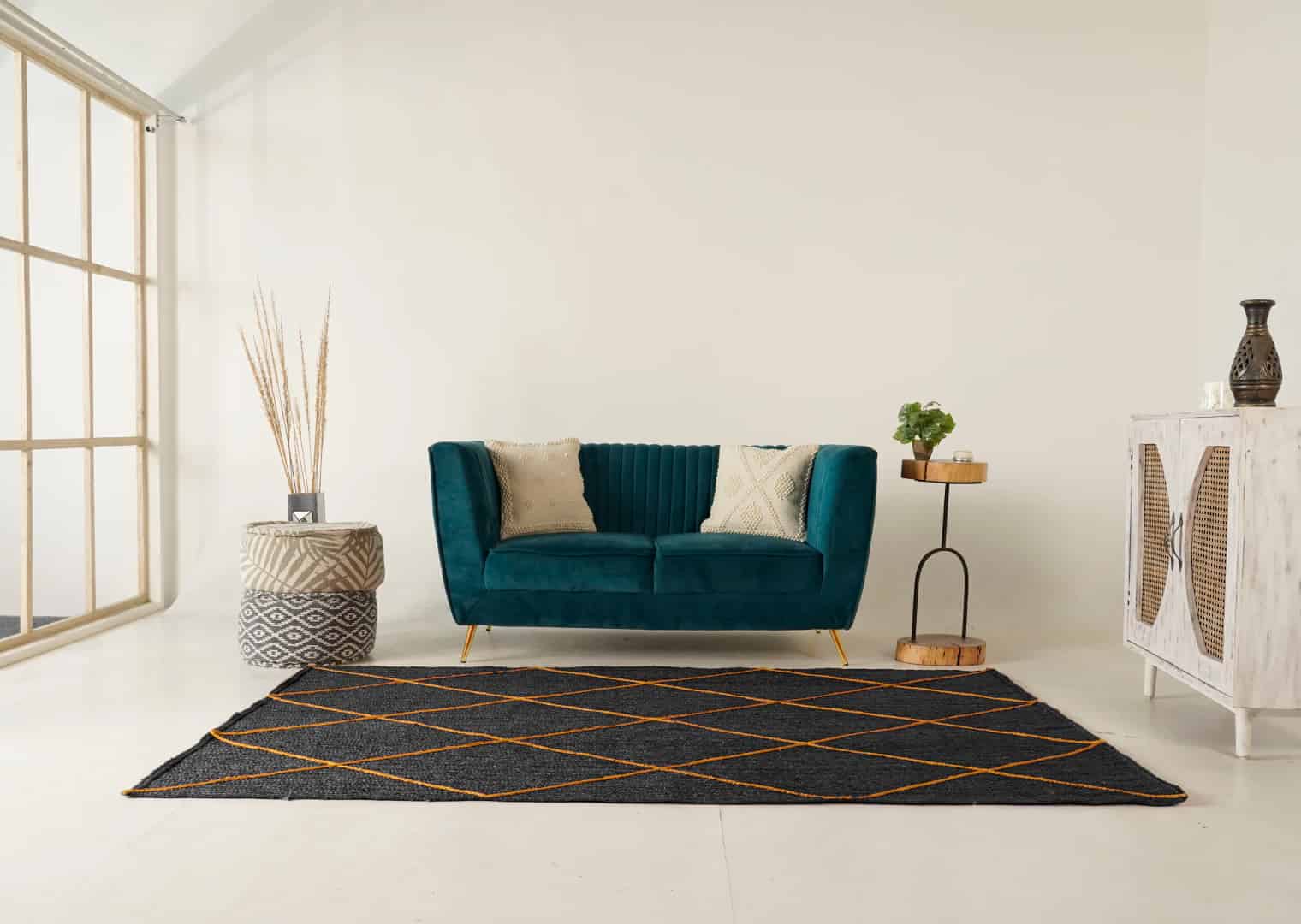 Hand Braided Ractangle Jute Rug Multicolor With Yellow Diamond Design - Image 2