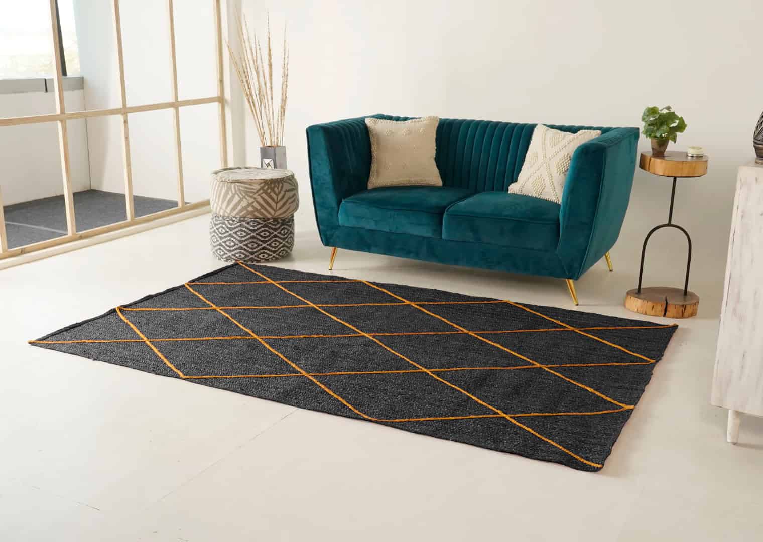 Hand Braided Ractangle Jute Rug Multicolor With Yellow Diamond Design - Image 1