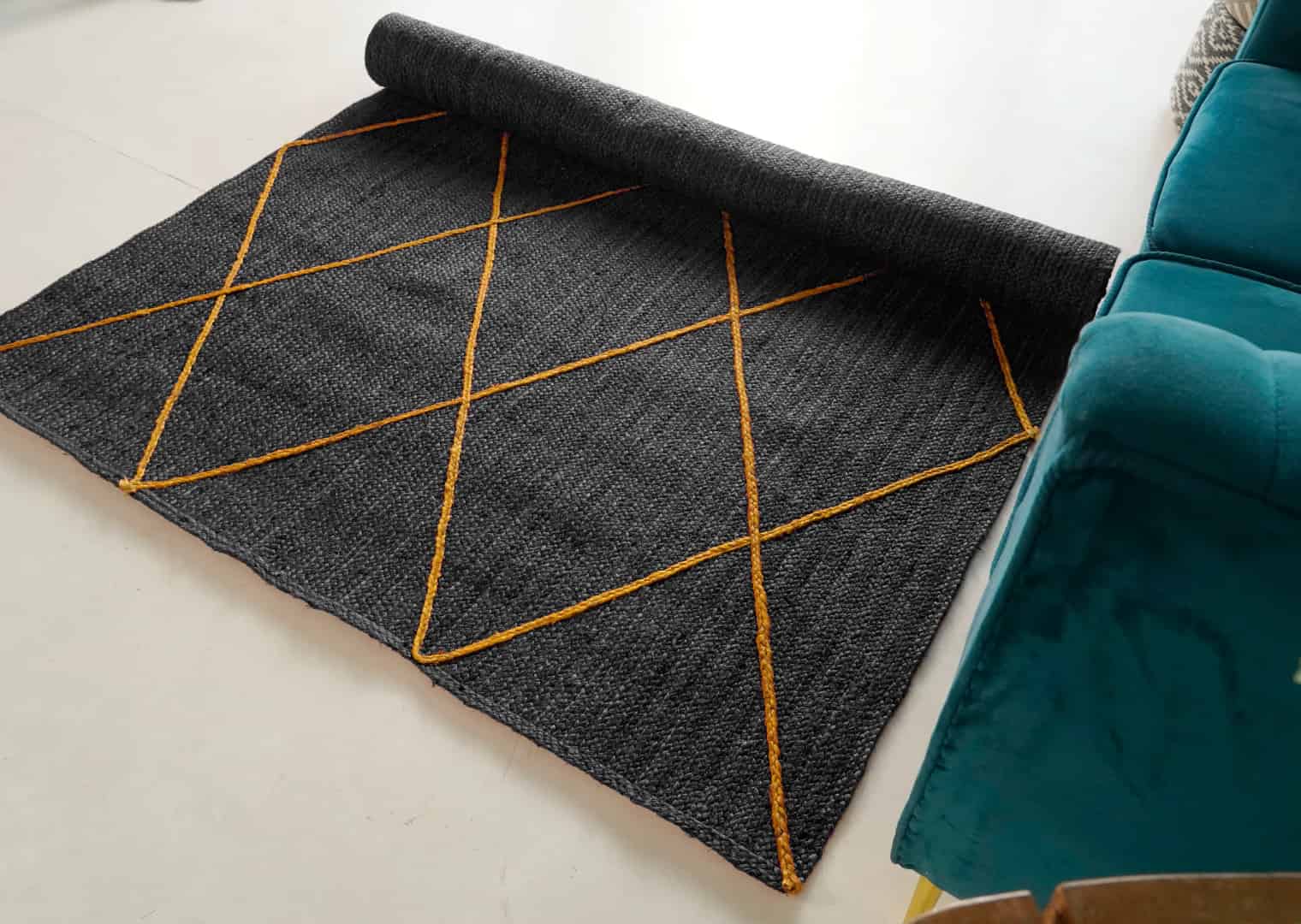 Hand Braided Ractangle Jute Rug Multicolor With Yellow Diamond Design - Image 4