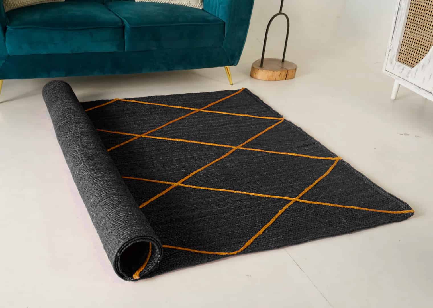 Hand Braided Ractangle Jute Rug Multicolor With Yellow Diamond Design - Image 6