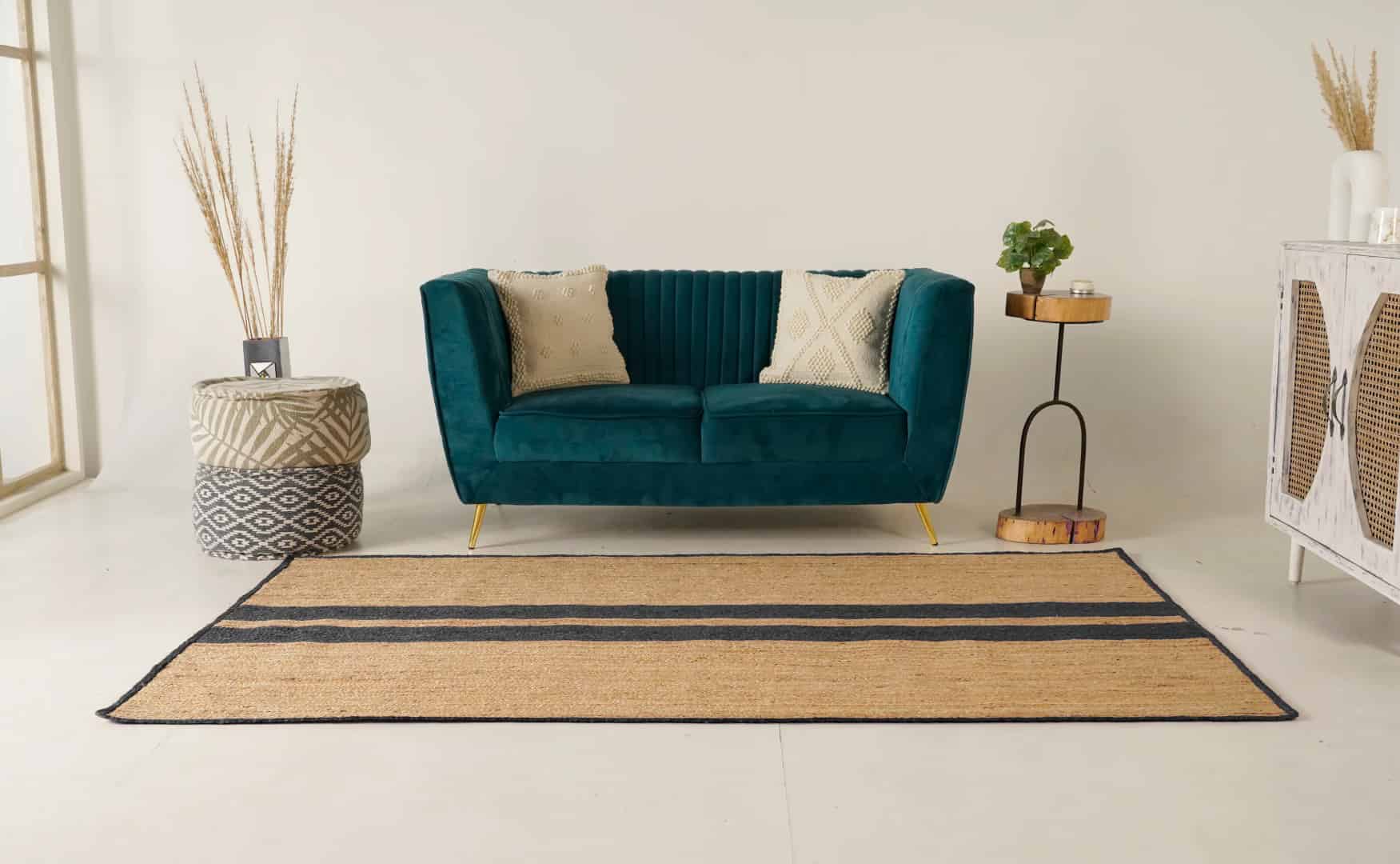 Hand Braided Rectangle Jute Rug Beige With Grey Stripes  - Image 3