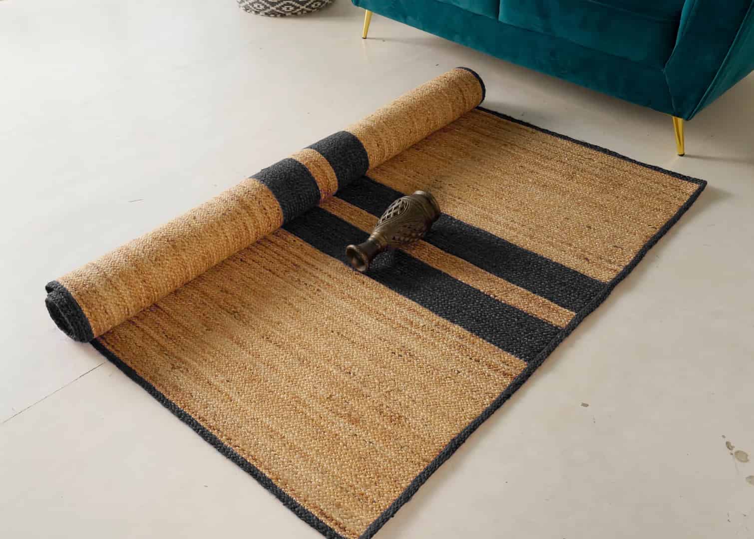 Hand Braided Rectangle Jute Rug Beige With Grey Stripes  - Image 4