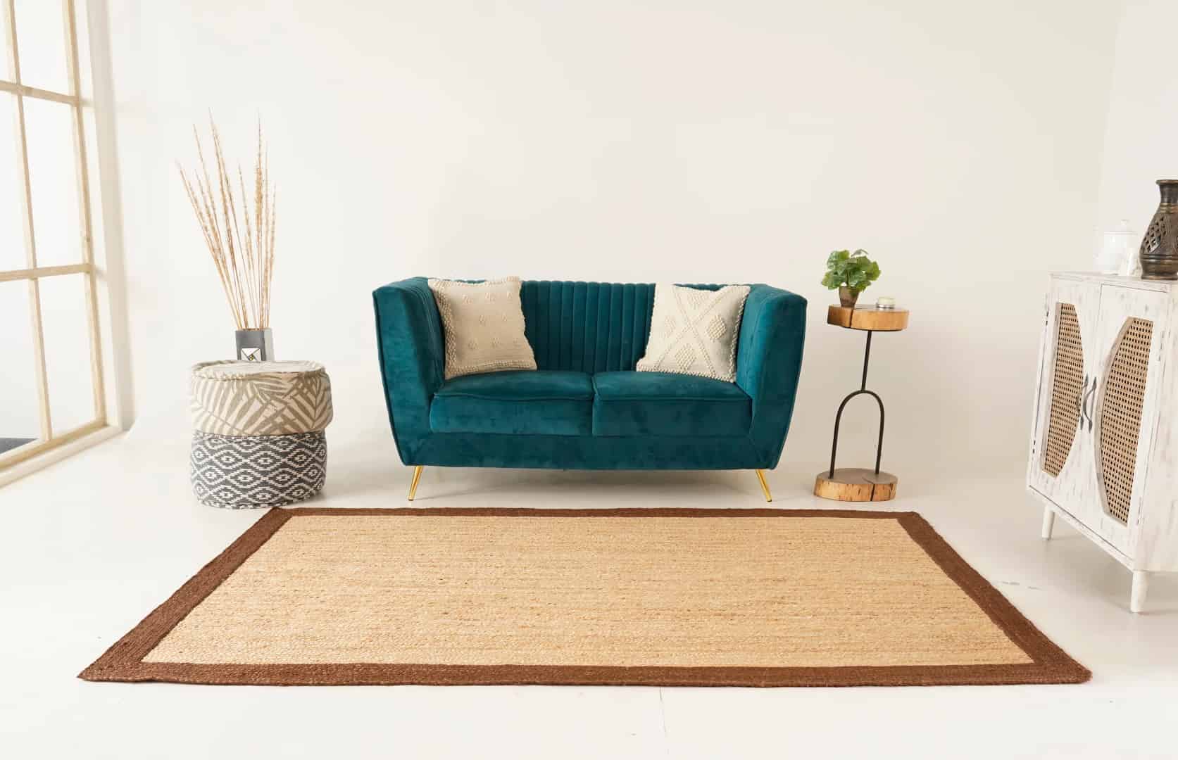 Indian Hand Braided Rectangle Jute Rug Beige With Brown Border - Image 3