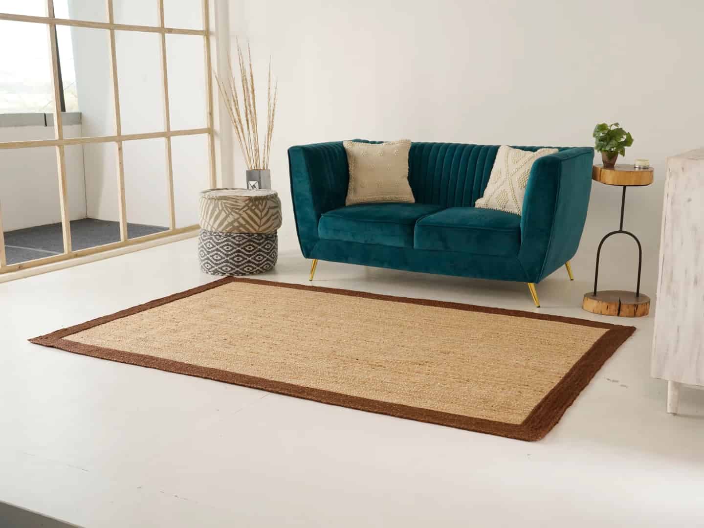Indian Hand Braided Rectangle Jute Rug Beige With Brown Border - Image 2
