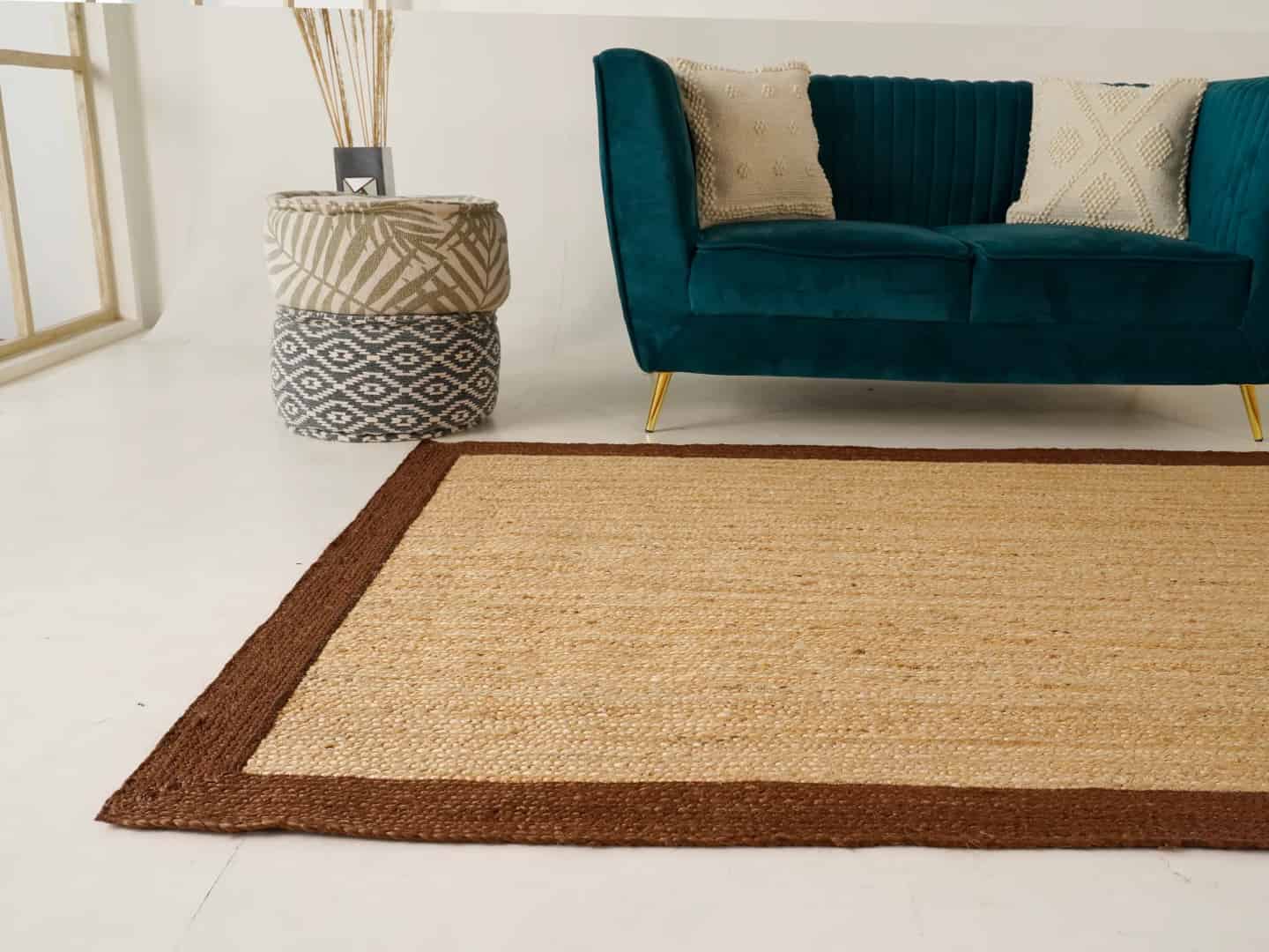 Indian Hand Braided Rectangle Jute Rug Beige With Brown Border - Image 6