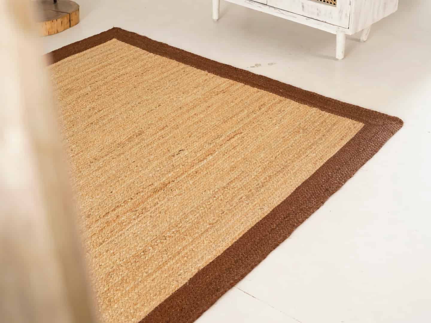 Indian Hand Braided Rectangle Jute Rug Beige With Brown Border - Image 5