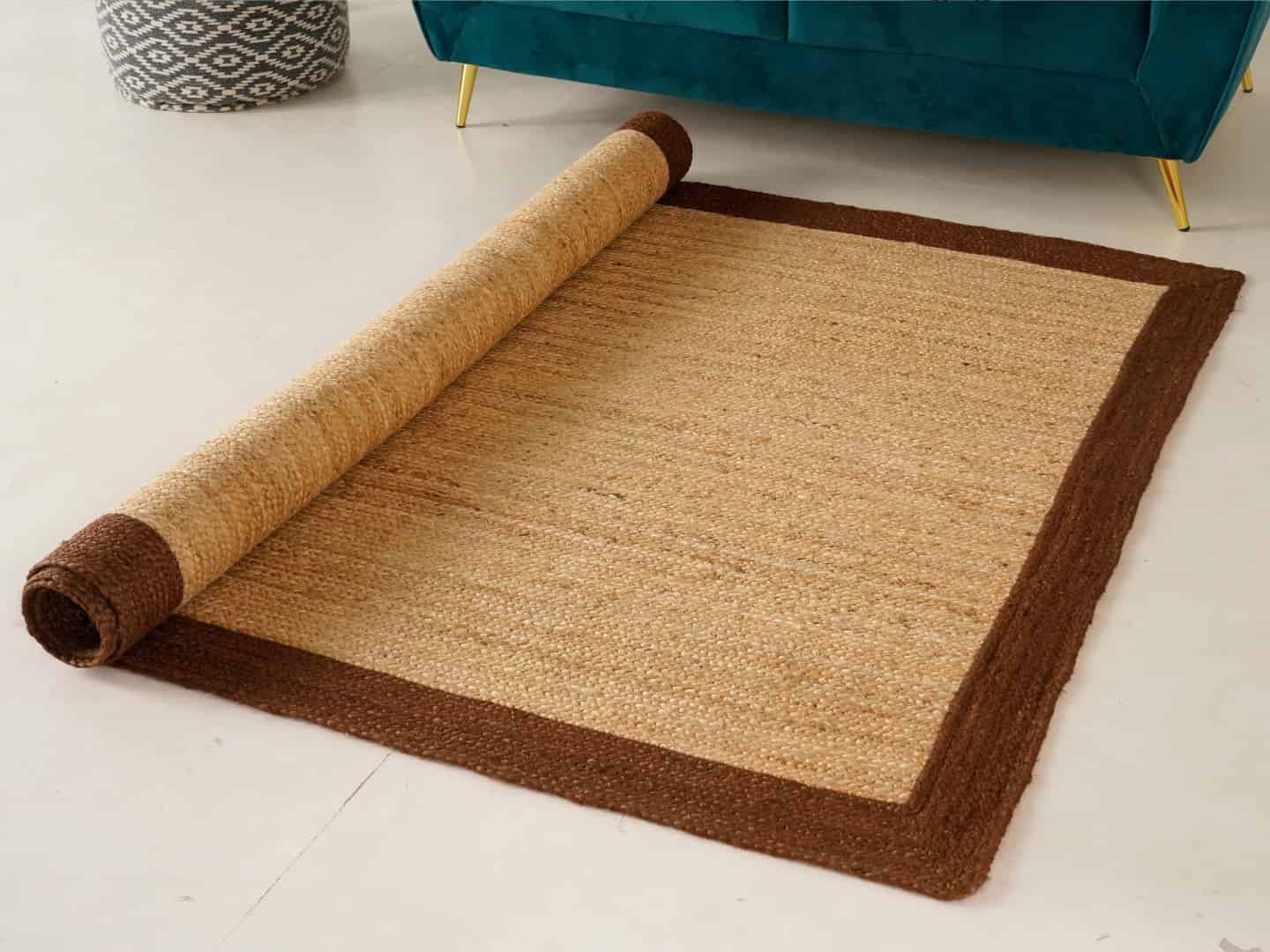 Indian Hand Braided Rectangle Jute Rug Beige With Brown Border - Image 4
