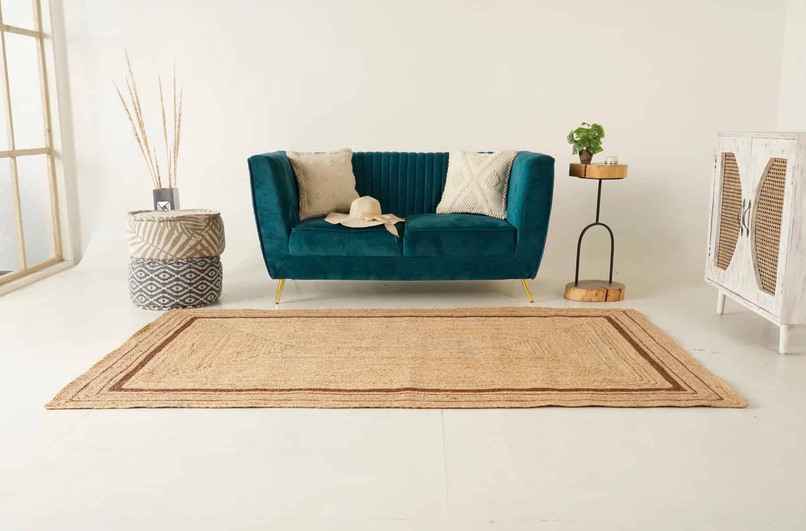 Hand Braided Rectangle Jute Rug Beige With Brown Triple Line Border Rug - Image 2