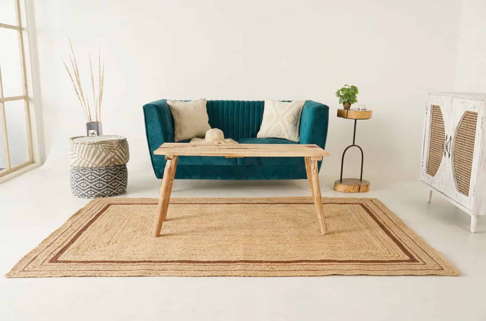 Hand Braided Rectangle Jute Rug Beige With Brown Triple Line Border Rug - Image 3