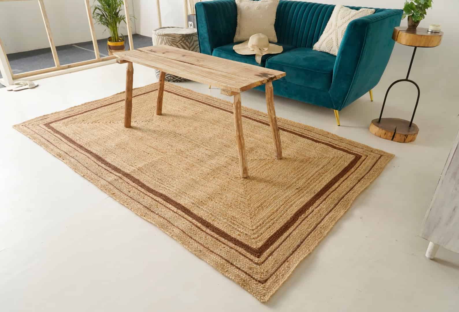 Hand Braided Rectangle Jute Rug Beige With Brown Triple Line Border Rug - Image 1