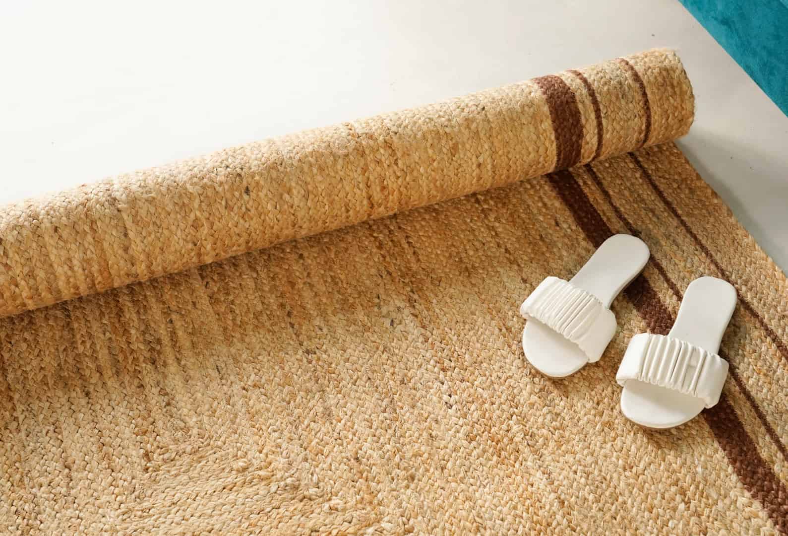 Hand Braided Rectangle Jute Rug Beige With Brown Triple Line Border Rug - Image 6