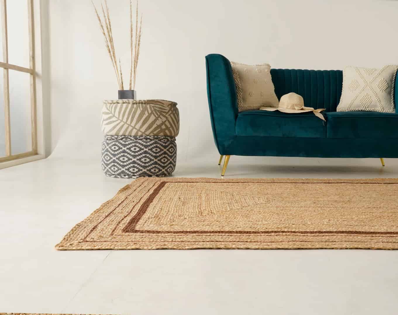 Hand Braided Rectangle Jute Rug Beige With Brown Triple Line Border Rug - Image 4
