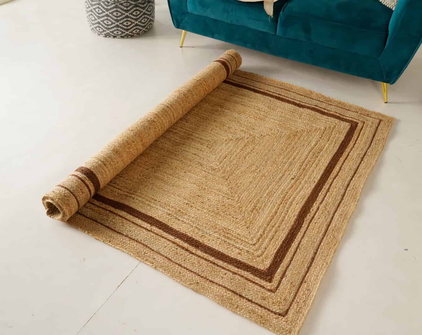 Hand Braided Rectangle Jute Rug Beige With Brown Triple Line Border Rug - Image 5