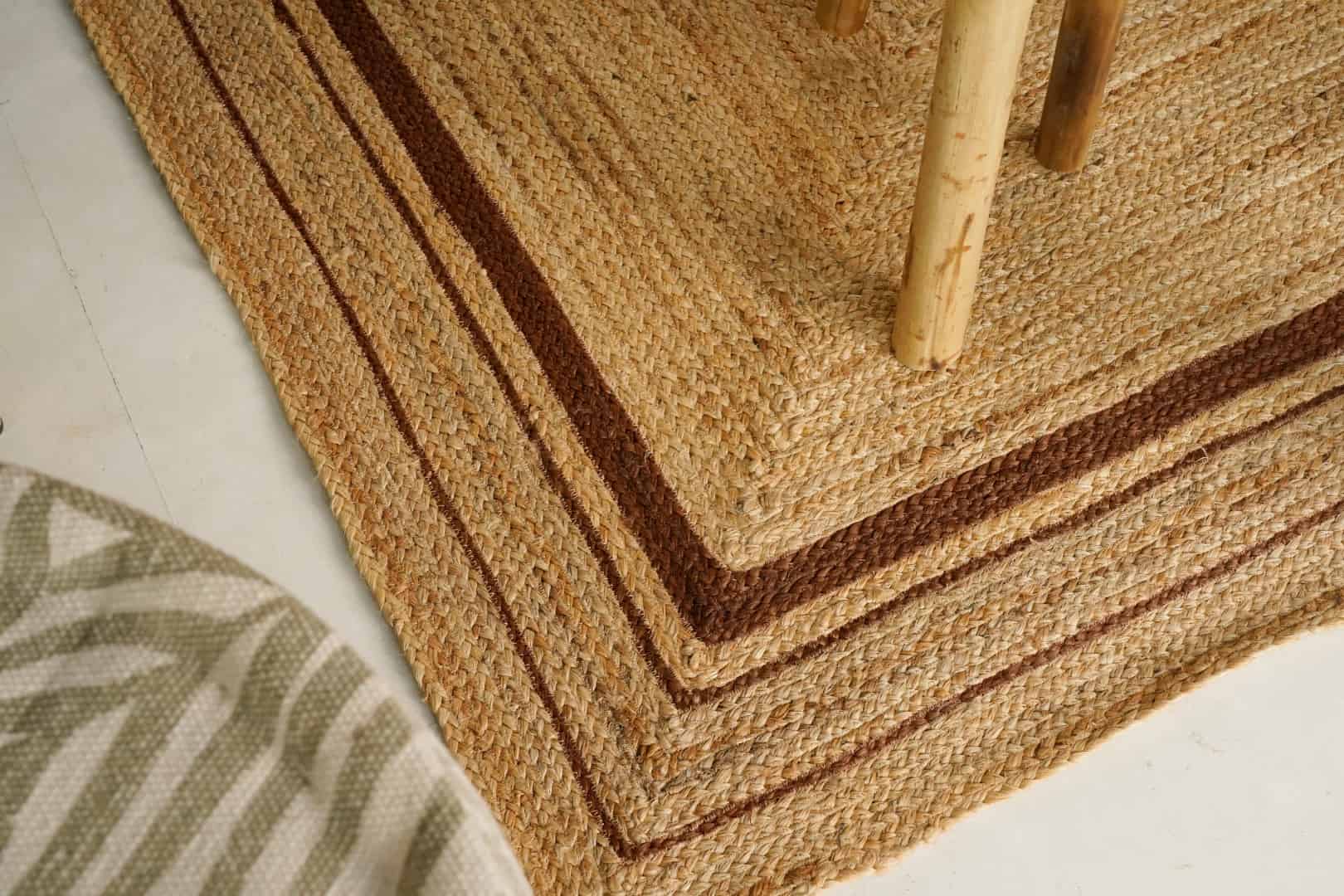 Hand Braided Rectangle Jute Rug Beige With Brown Triple Line Border Rug - Image 7