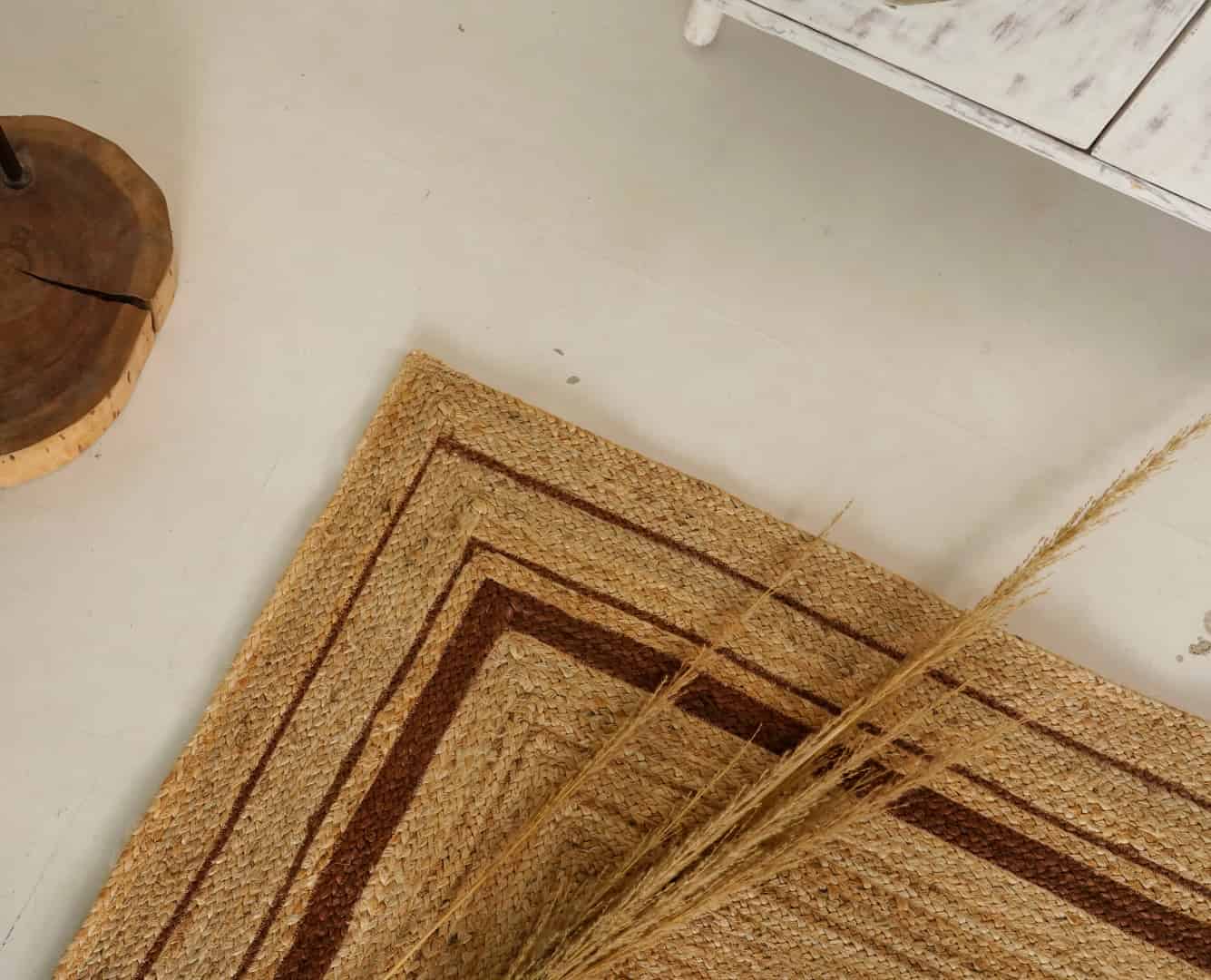 Hand Braided Rectangle Jute Rug Beige With Brown Triple Line Border Rug - Image 8