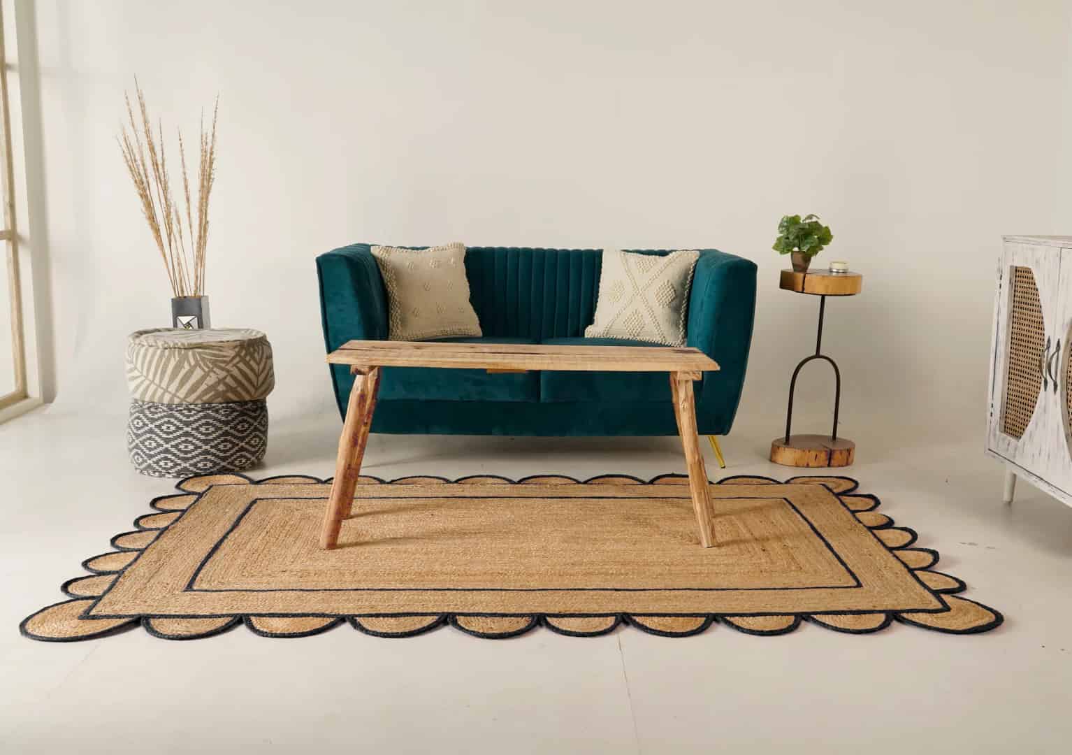 Hand Braided Ractangle Jute Rug Beige With Multicolor Border Rug Scalloped Pattarn - Image 6