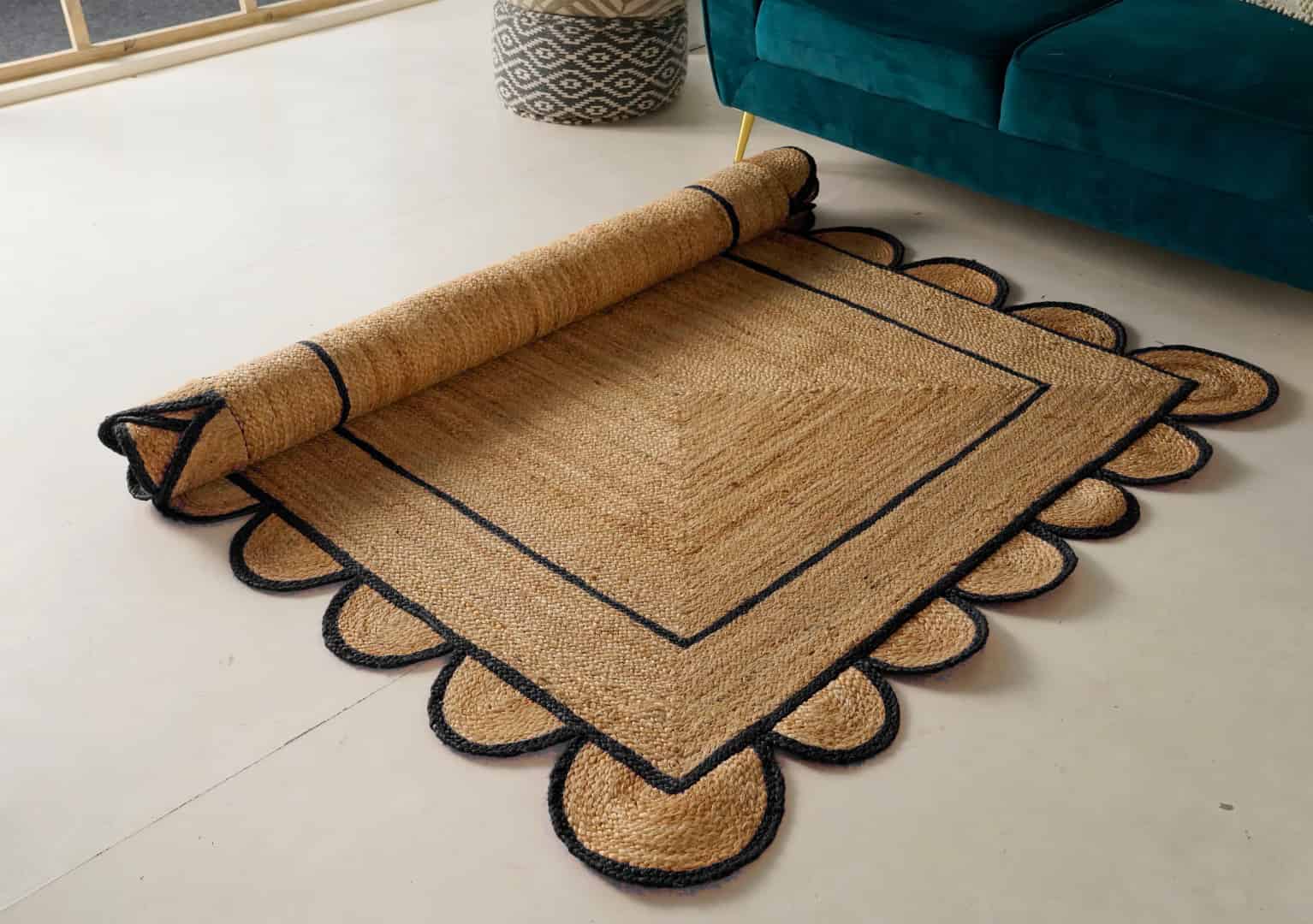 Hand Braided Ractangle Jute Rug Beige With Multicolor Border Rug Scalloped Pattarn - Image 7