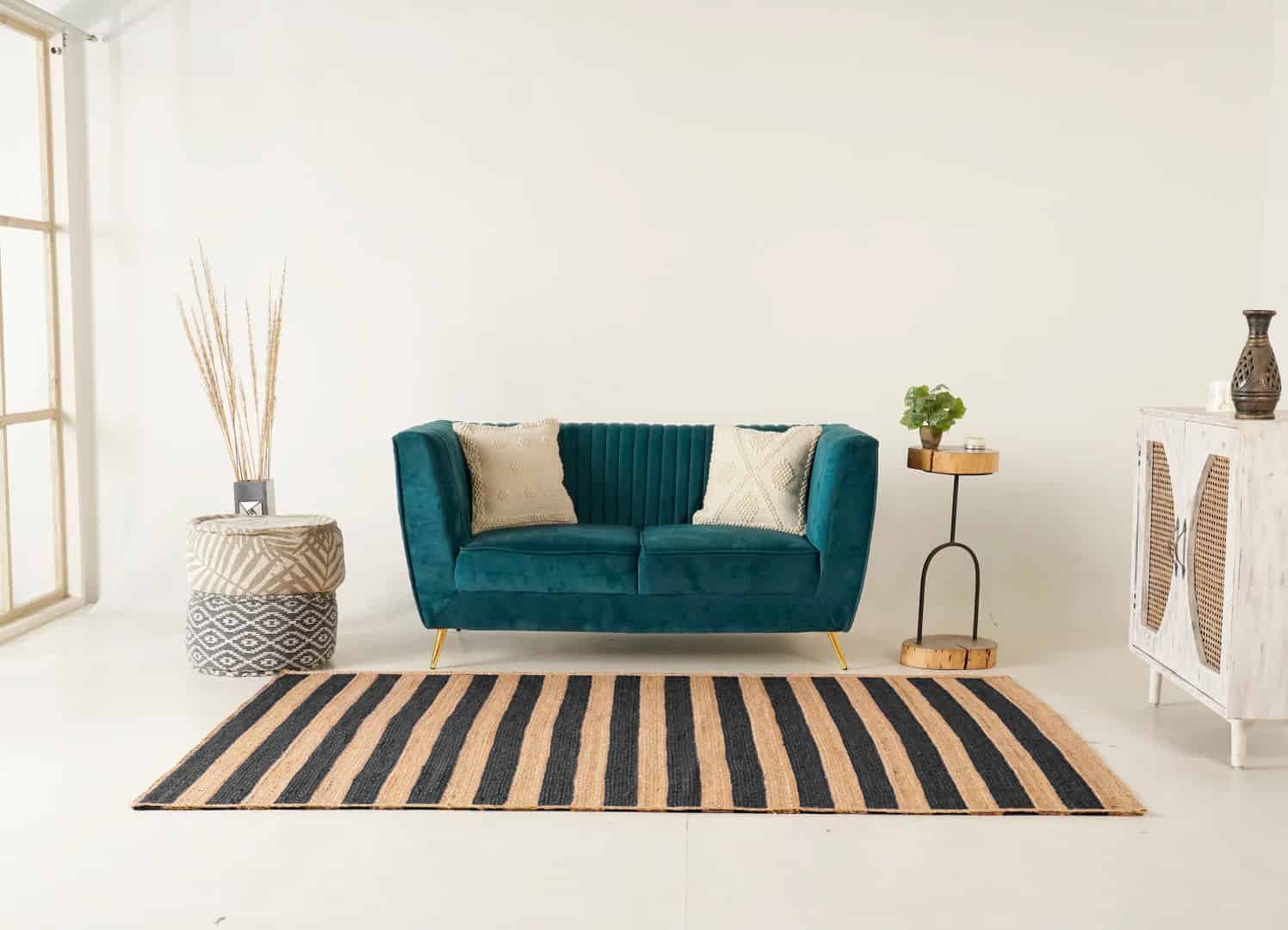 Hand Braided Ractangle Jute Rug Beige With Multicolor Strips Line Design - Image 4