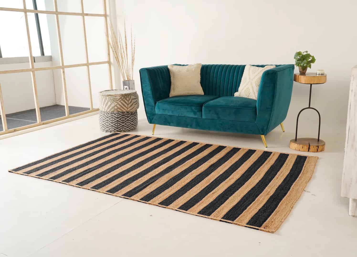 Hand Braided Ractangle Jute Rug Beige With Multicolor Strips Line Design - Image 3