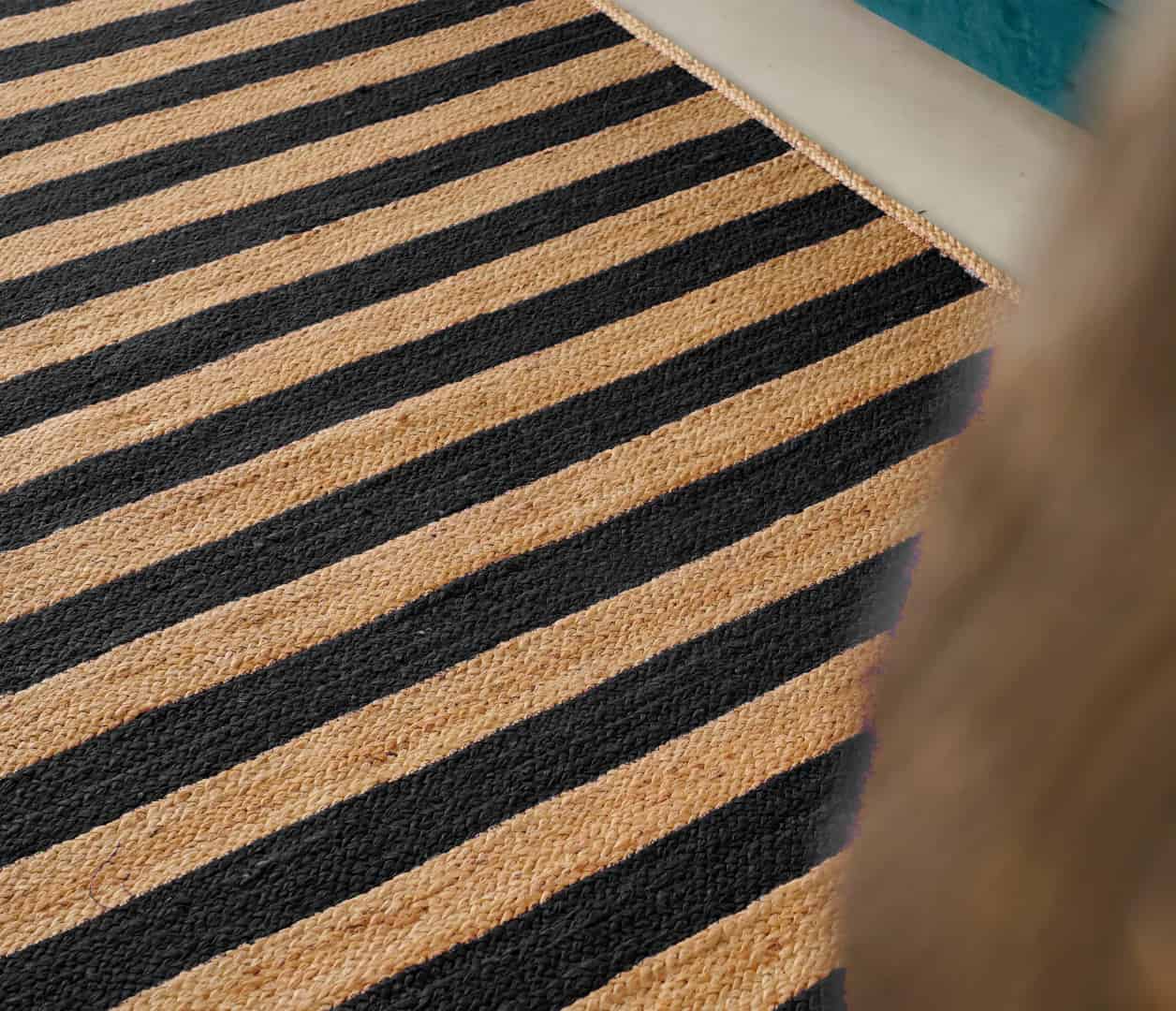 Hand Braided Ractangle Jute Rug Beige With Multicolor Strips Line Design - Image 7