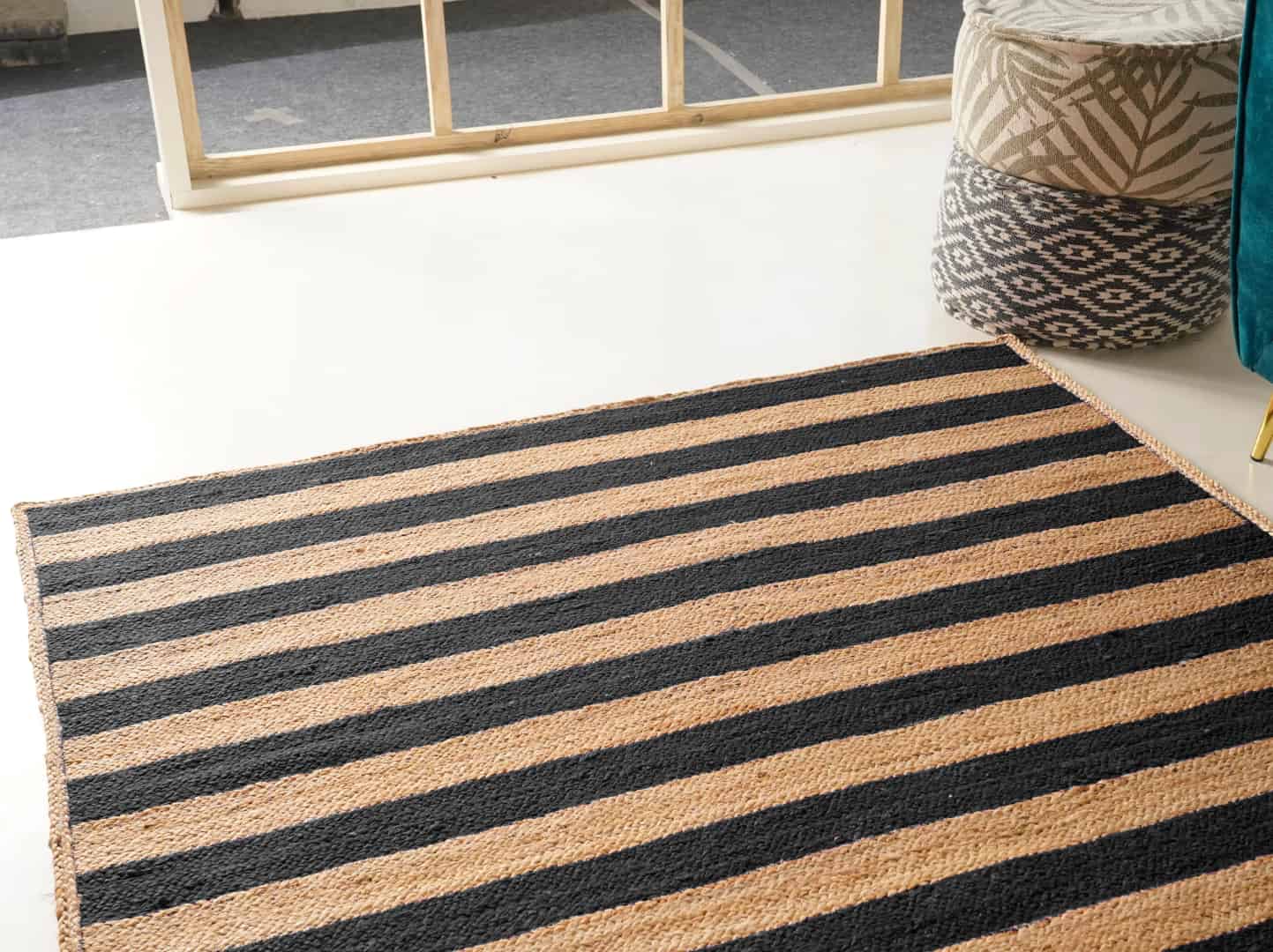 Hand Braided Ractangle Jute Rug Beige With Multicolor Strips Line Design - Image 6