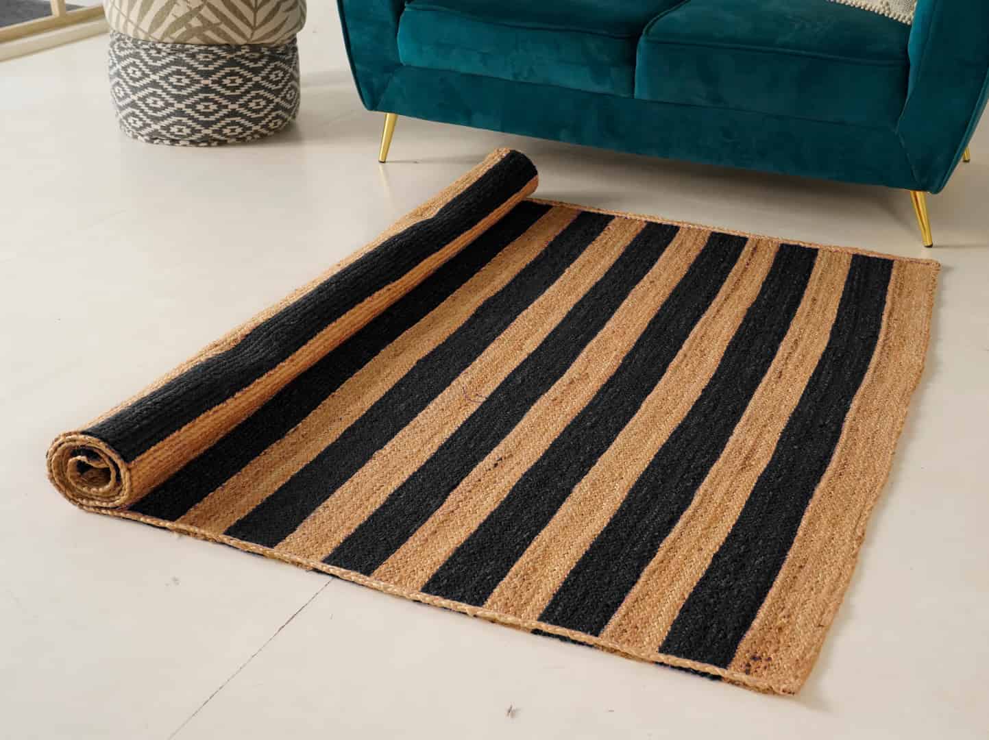 Hand Braided Ractangle Jute Rug Beige With Multicolor Strips Line Design - Image 5