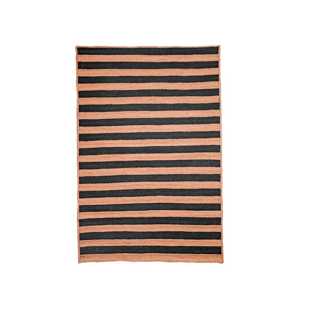Hand Braided Ractangle Jute Rug Beige With Multicolor Strips Line Design - Image 1