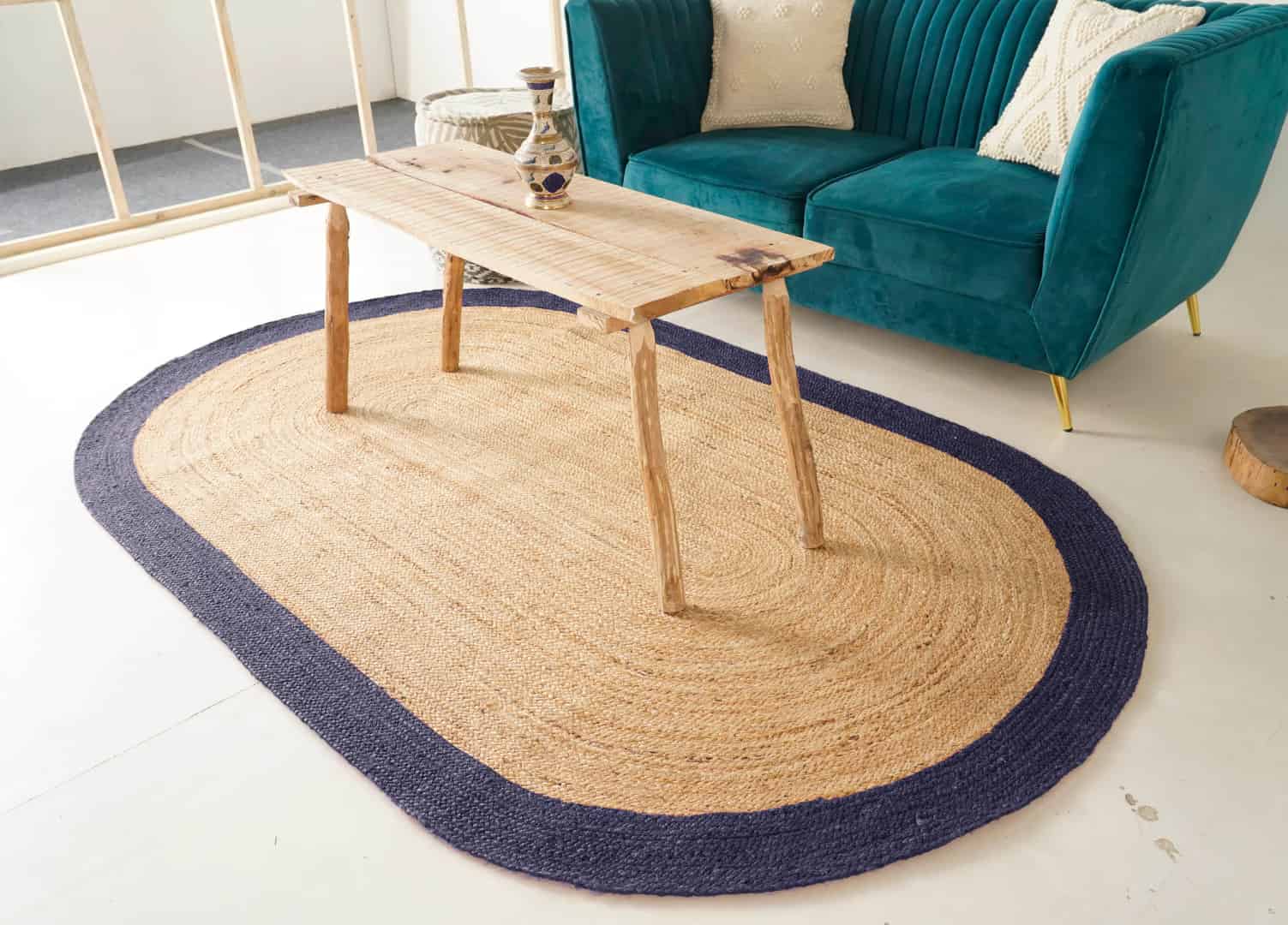 Traditional Hand Crafted Natural Oval Jute Rug With Navy Blue Border  - Image 4