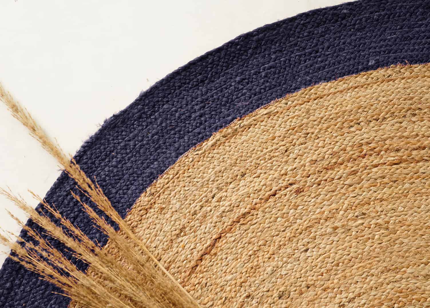 Traditional Hand Crafted Natural Oval Jute Rug With Navy Blue Border  - Image 6