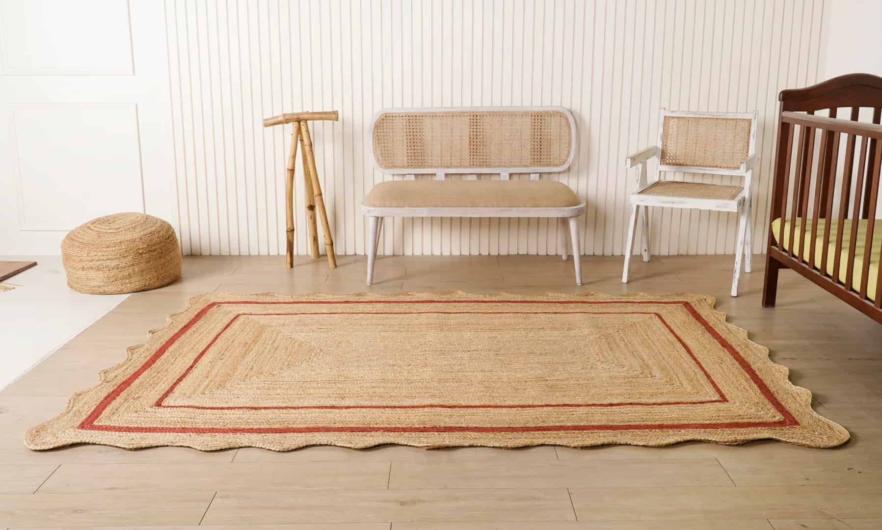 Hand Braided Natural Scalloped Jute Rug With Red Color Border  - Image 1