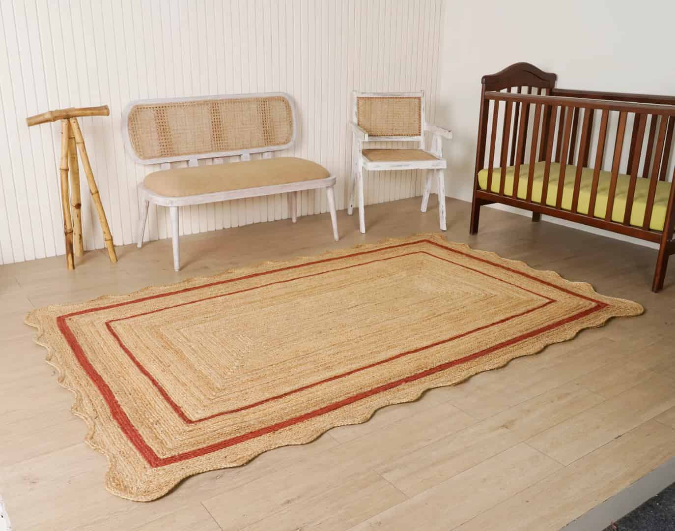 Hand Braided Natural Scalloped Jute Rug With Red Color Border  - Image 2
