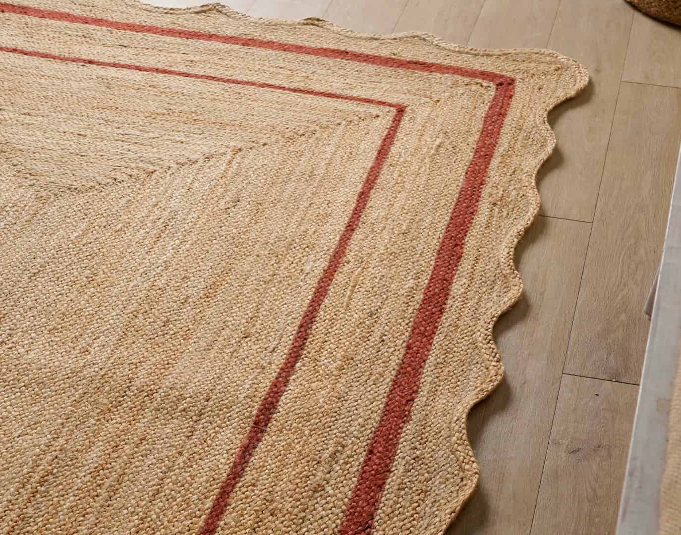 Hand Braided Natural Scalloped Jute Rug With Red Color Border  - Image 5