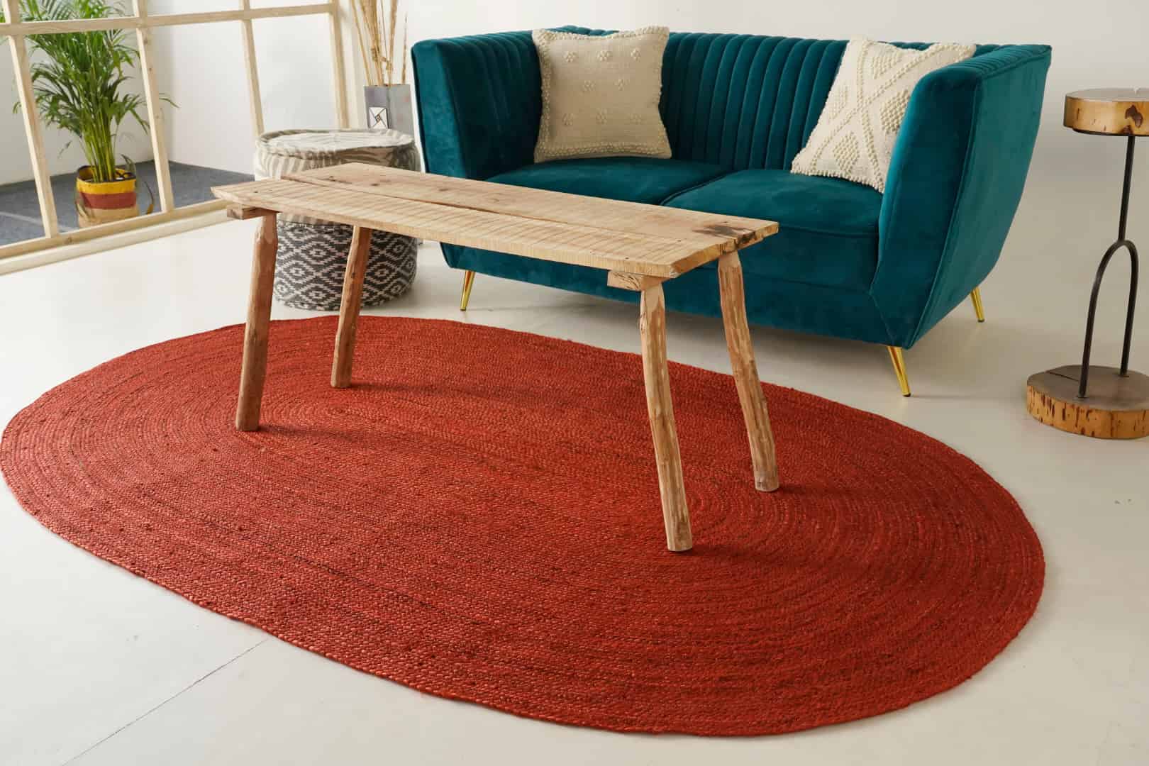 Hand Braided Oval Jute Rug Solid Red Color Home Decor Rug  - Image 2