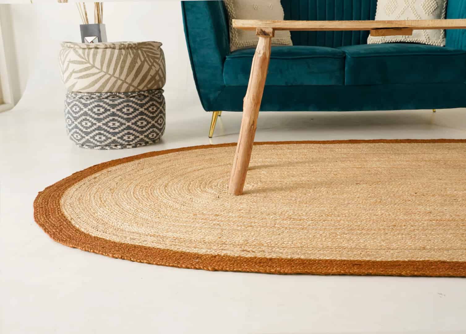 Hand Crafted Natural Oval Jute Rug With Orange Color Border  - Image 4