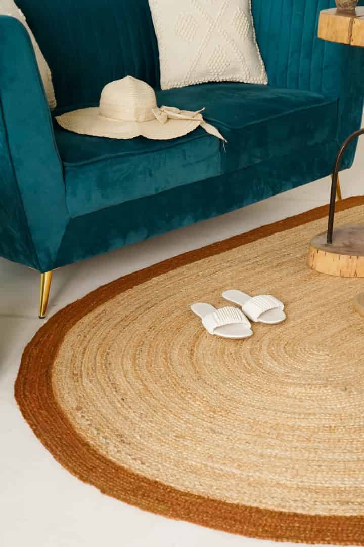 Hand Crafted Natural Oval Jute Rug With Orange Color Border  - Image 5