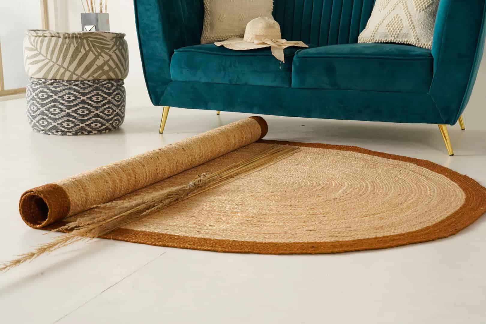 Hand Crafted Natural Oval Jute Rug With Orange Color Border  - Image 6