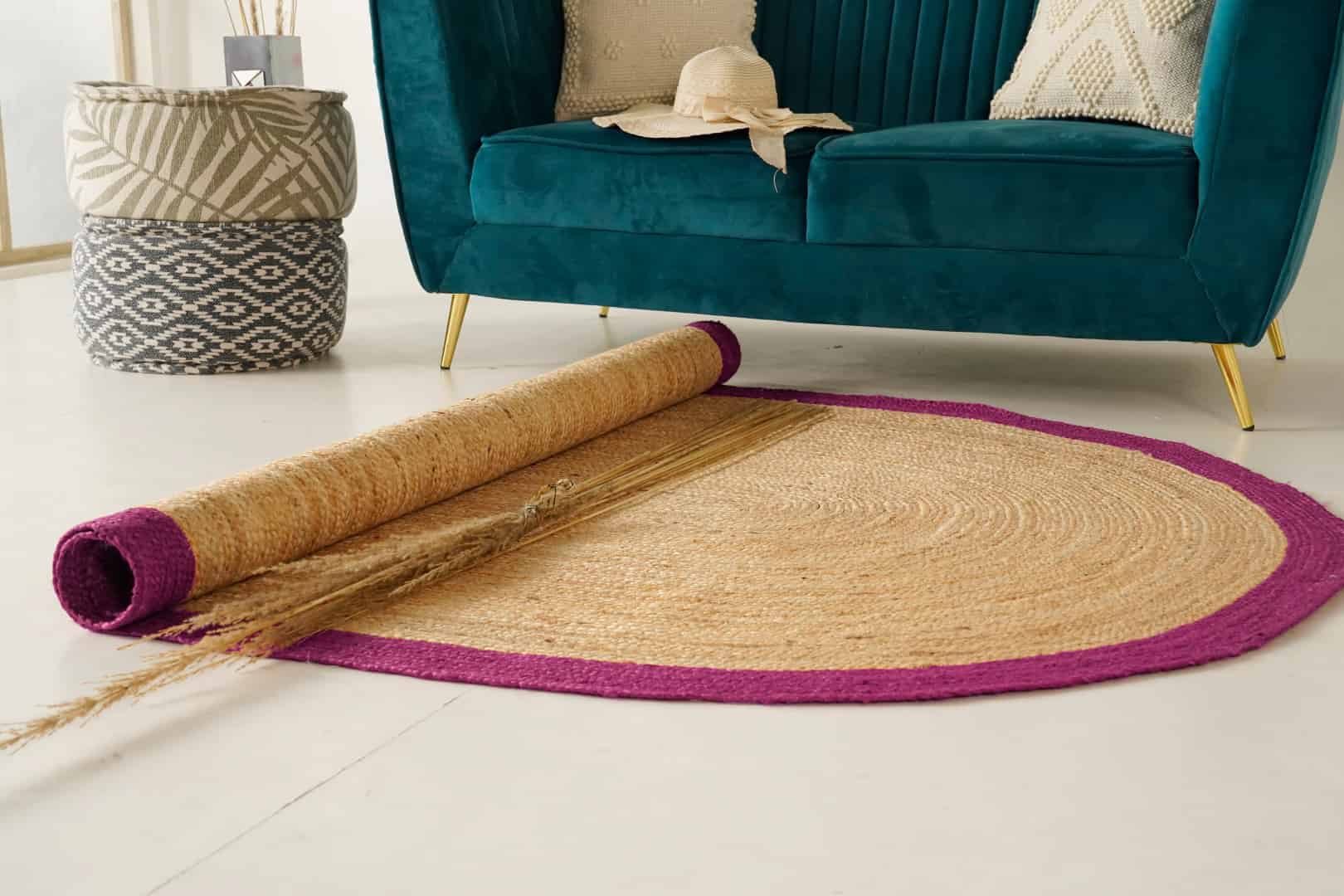 Hand Weaving Natural Oval Jute Rug With Pink Color Boder  - Image 7