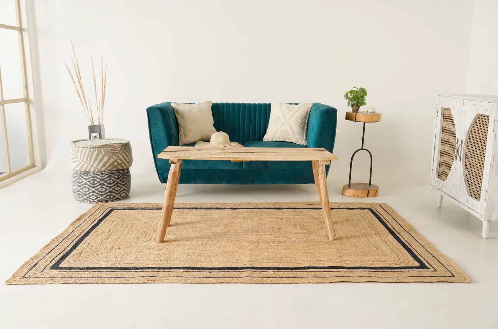 Hand Braided Natural Rectangle Jute Rug With Multicolor Triple Line Boder  - Image 2