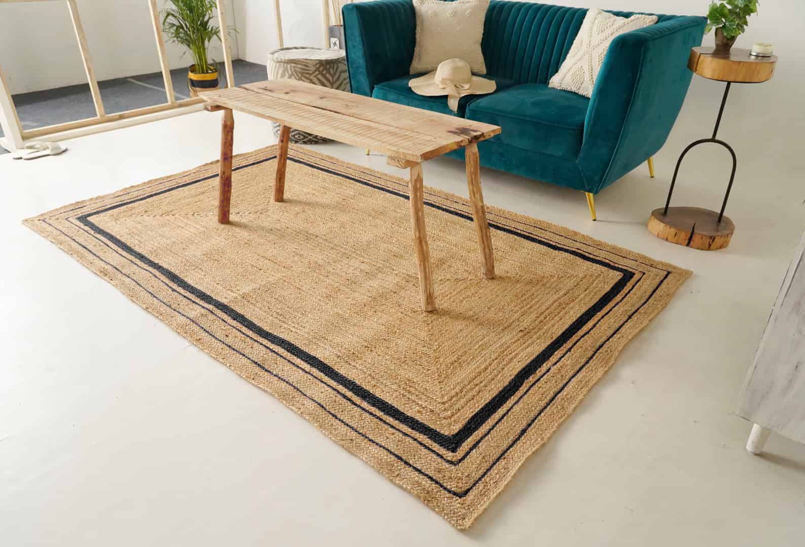 Hand Braided Natural Rectangle Jute Rug With Multicolor Triple Line Boder  - Image 3