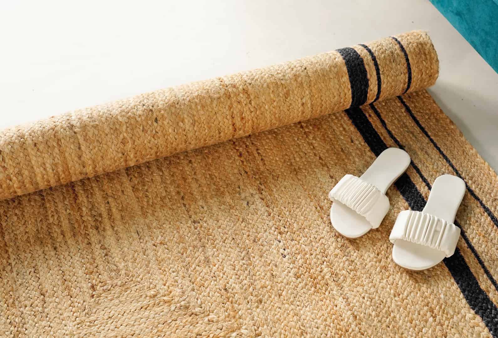 Hand Braided Natural Rectangle Jute Rug With Multicolor Triple Line Boder  - Image 4