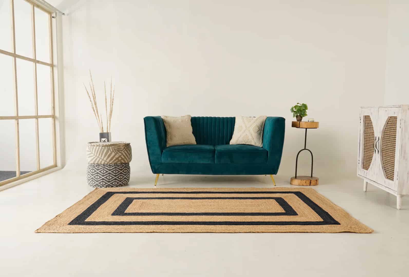 Hand Weaving Natural Rectangle Jute Rug Beige With Multicolor Border  - Image 1