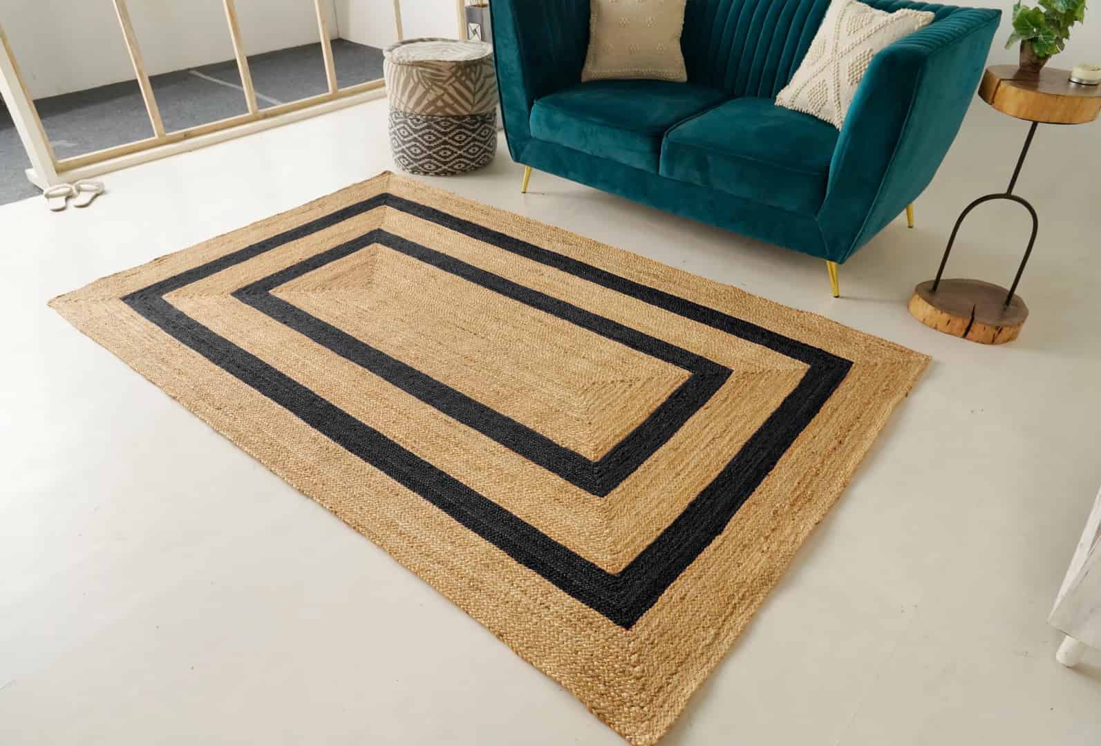 Hand Weaving Natural Rectangle Jute Rug Beige With Multicolor Border  - Image 2
