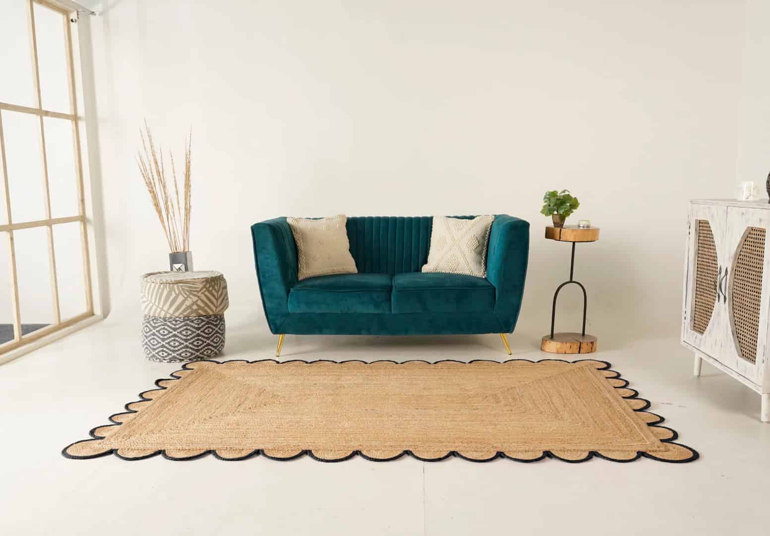 Indian Hand Braided Ractangle Jute Rug Beige With Multicolor Border  - Image 1