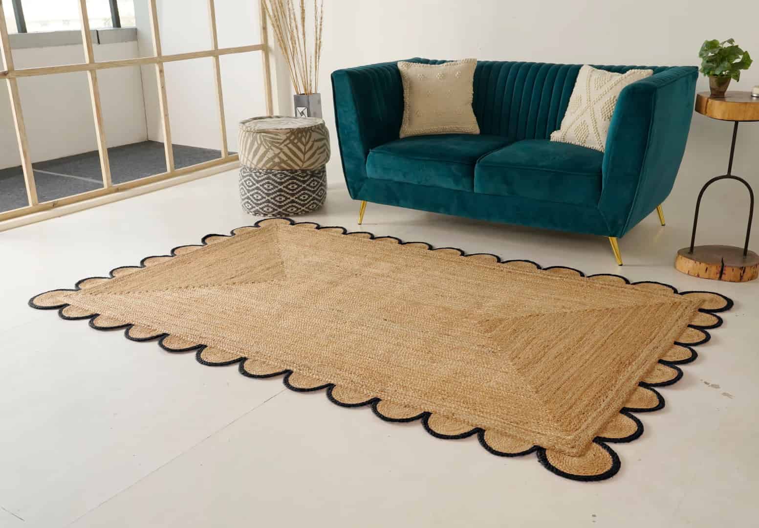 Indian Hand Braided Ractangle Jute Rug Beige With Multicolor Border  - Image 2