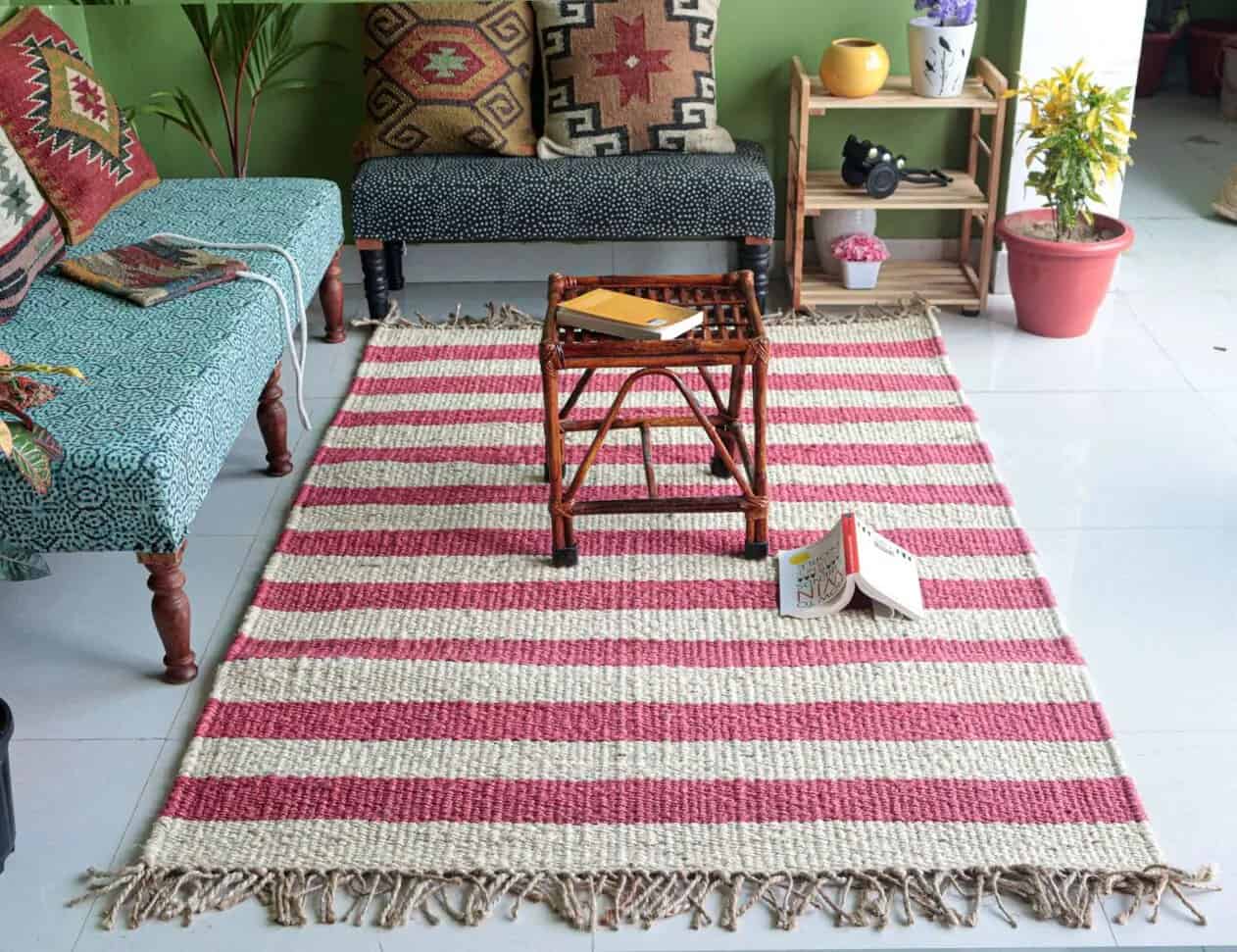 White Hemp Jute Rug With Red Stripes Line Decor Jute Rug Piece of two 2ft X 8ft - Image 4