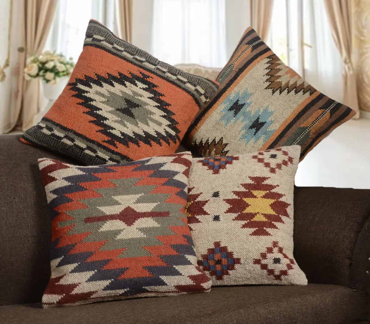 Handwoven 4 Set Wool Jute Kilim Pillows - Image 2