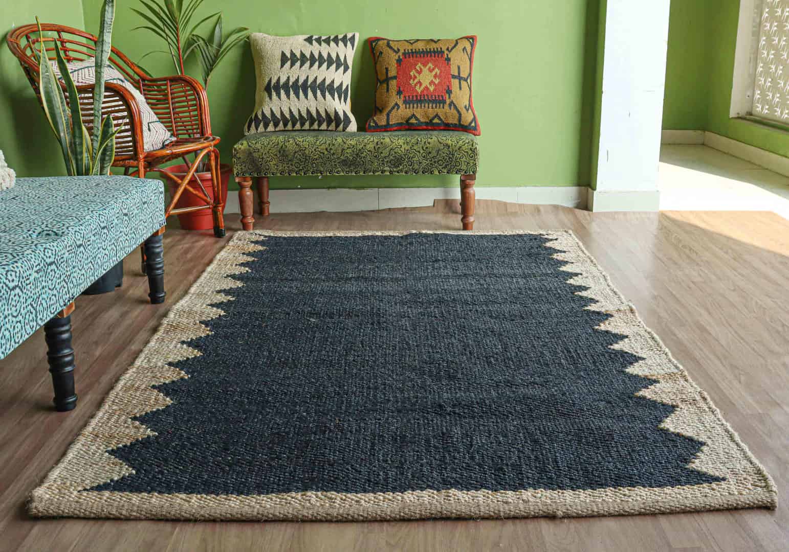 Handmade Black Hemp Jute Rug With Natural Border  - Image 1